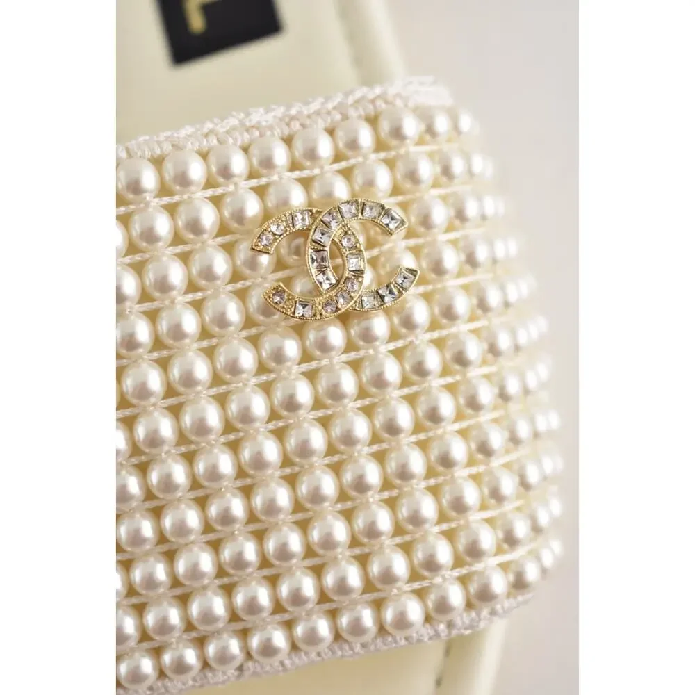 Chanel 25P Ivory White Pearl Embroidery CC Logo Slide Slip Sandal Mule Flat 36.5
